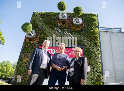 07 mai 2018, l'Allemagne, Stuttgart : Stephan Dabbert (de gauche à droite), le doyen de l'Uni Hohenheim, Alina Schick, directeur de l'Visioverdis, démarrage et Theresia Bauer (Alliance 90/Les Verts), Ministre de la science, de la recherche et de l'Art de l'état de Bade-Wurtemberg, debout devant l'Uni Hohenheim hightech vertical du jardin le jour de sa dédicace. La façade jardin avec arbres en rotation a été rendu possible par le démarrage depuis le Visioverdis "Hohenheim'. Photo : Sebastian Gollnow/dpa Banque D'Images