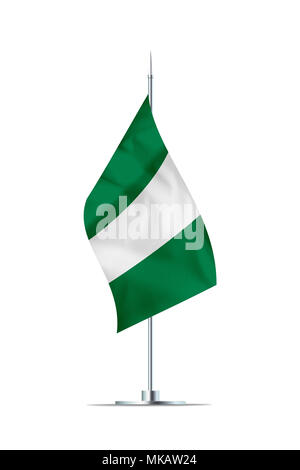 Petit drapeau Nigeria sur un poteau de métal. Le drapeau a joliment texture textile détaillées. Isolé sur fond blanc. Le rendu 3D. Banque D'Images