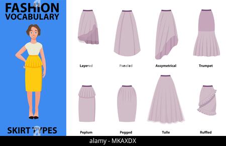 Collections de vocabulaire jupe simple classique standard des jupes. De nombreux types de jupes vecteur vecteur affiage sur nice. Illustration de Vecteur