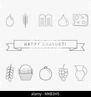 Appartement de vacances Chavouot fine ligne noire design icons set avec texte en anglais 'Happy Chavouot'. Illustration de Vecteur