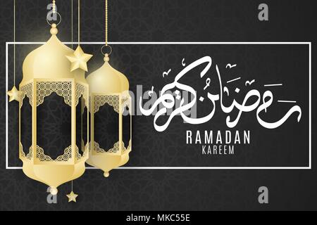Carte d'invitation de vœux pour le Ramadan Kreem. Lanternes de luxe d'or avec étoile d'or sur un fond noir avec ornement islamique. Eid Mubarak. Mois Sacré de la religion. Vector illustration. EPS 10 Illustration de Vecteur