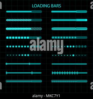 Une barre de chargement. Un ensemble de LED, indicateurs de chargement luminescents. Illustration graphique. Illustration de Vecteur