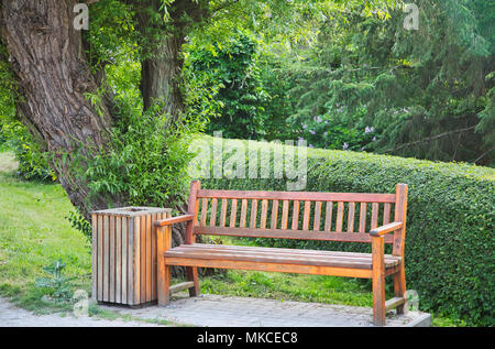 Banc en bois et déchets bin sous un arbre dans un parc Banque D'Images