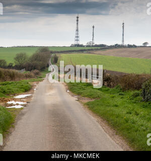 Un seul pays en voie cyclable passe entre les champs et les haies sur les crêtes du Dorset Downs, menant à la colline Eggardon et trois des 30 dernie Banque D'Images