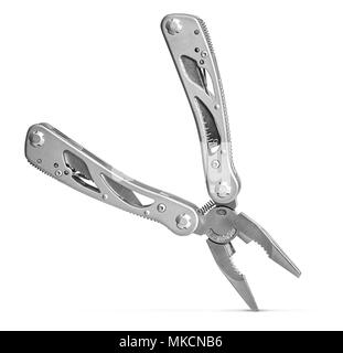 Multitool métallique isolé sur blanc close up Banque D'Images