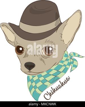 Hand drawn vector illustration de hipster chien pour cartes, t-shirt print, placard. Fashion portrait de chihuahua dog wearing hat et cravat. Illustration de Vecteur