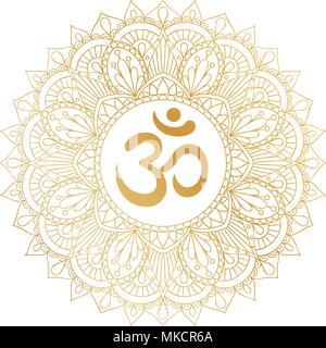 Golden Aum Om Ohm en série mandala symbole décoratif ornement. Illustration de Vecteur