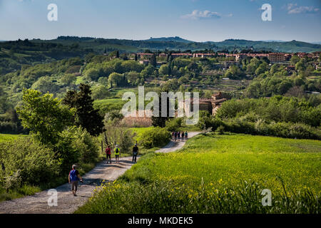 ASCIANO, Toscane, Italie - 25 Avril 2018 : trekking, Asciano avec des ravins, des fermes de cheval dans un paysage, sont arrivés à Serre di Rapolano connu pour la trave Banque D'Images