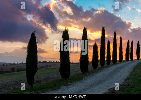 Les nuages colorés au coucher du soleil dans la campagne toscane, près de San Quirico d'Orcia, Toscane, Italie Banque D'Images