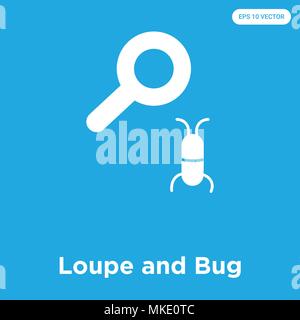L'icône de loupe et vecteur de Bug isolé sur fond bleu, signe et symbole Illustration de Vecteur