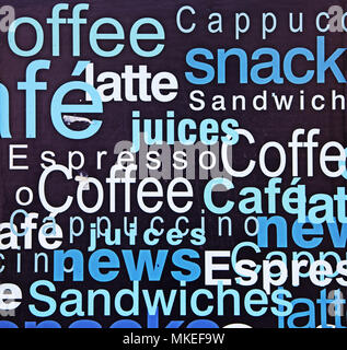 Un affichage des mots associés à des rafraîchissements pour la publicité d'un café ou snack-bar Banque D'Images