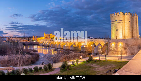 Forteresse illuminée Torre de la Calahorra avec Puente Romano, pont romain sur Rio Guadalquivir, derrière la Mezquita Banque D'Images