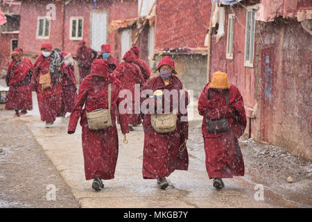 Les nonnes tibétaines marche dans la neige, Yarchen Gar, Sichuan, Chine Banque D'Images