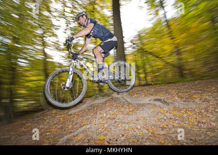 Mountainbiker à Vienne Woods rapide le long des promenades en sentier à travers la forêt d'automne, saute par big root. Vue latérale du cycliste sportif avec le flou. Banque D'Images