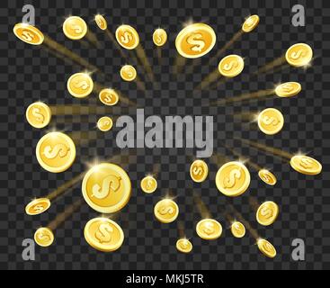 Gold money explosion. Shiny cash dollar coins explosion on transparent background, casino winner rain vector illustration Illustration de Vecteur
