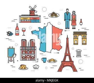 Guide de voyage France Pays de biens, de lieux en lignes fines style design. Ensemble de l'architecture, la mode, les gens, la nature concept. Infographic template design pour le web et sur mobile télévision vecteur Illustration de Vecteur