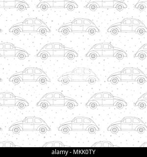 Hand drawn vector seamless pattern avec voitures rétro aperçu sur le fond à pois. Vintage design. Illustration de Vecteur