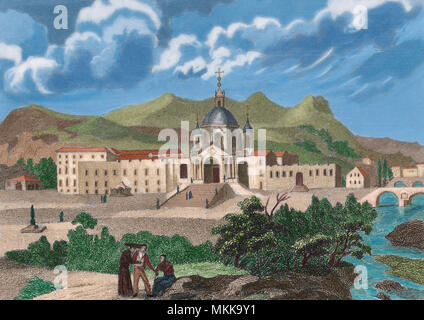 Sanctuaire et basilique de San Ignacio de Loyola, Azpeitia, province du Guipuzcoa, Pays Basque, Espagne. Il a été conçu par Carlo Fontano, élève de Bernini. La construction a commencé en 1689 et a été complété par les frères Francesco et Ignacio de Ibero. Gravure, 19ème siècle. Plus tard la couleur. Banque D'Images