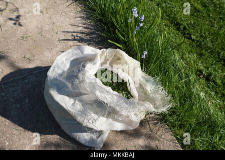 Le sisal sac plein d'herbe coupée dans une journée ensoleillée de printemps Banque D'Images