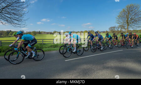 Les cyclistes masculins en peloton, participant à des Tour de Yorkshire 2018 et courses sur une campagne pittoresque, près de lane Ilkley, North Yorkshire, Angleterre, Royaume-Uni. Banque D'Images