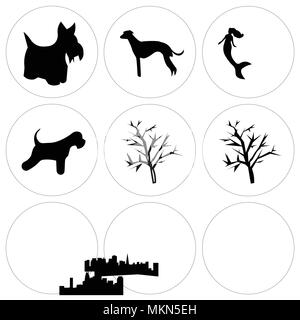 Ensemble de 9 icônes modifiable simple comme mesquite tree, schnauzer nain, Édimbourg sky, Richmond sirène, Charleston, whippet chien scottie, peut être de nous Illustration de Vecteur