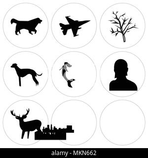 Ensemble de 9 icônes modifiable simple comme l'images clip art deer, femme headshot, mermaid, sf sky, whippet, mesquite tree, Fort Worth f16, bernese mountain Illustration de Vecteur