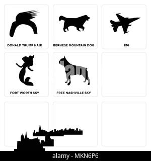 Ensemble de 9 icônes modifiable simple comme boston terrier, omaha sky, Edmonton petite sirène, Nashville fort worth f16, bernese mountain dog, Donald Illustration de Vecteur