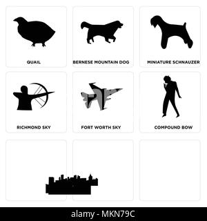 Ensemble de 9 icônes modifiable simple comme Las Vegas Strip, michael jackson, f16, arc à poulies, Fort Worth sky, Richmond, schnauzer nain oberland moun Illustration de Vecteur