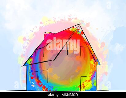 Maison individuelle en couleur dimensions concept, vector illustration dessinée à la main Illustration de Vecteur