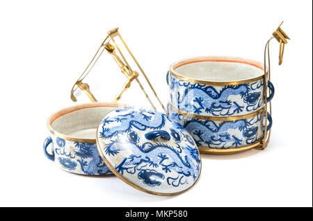 Transporteur d'aliments chinois vintage avec motif bleu sur fond blanc de l'art Banque D'Images