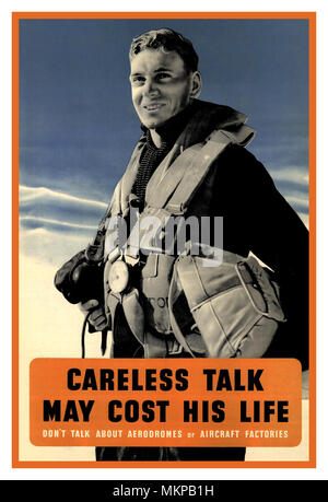 WW2 propagande information UK vintage Poster doté d'un pilote de chasse de la RAF 1939-45 "Careless Talk peut coûter la vie". 'Ne pas parler des aérodromes ou des usines d'avions Banque D'Images