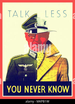 WW2 Vintage UK Poster 1939-45 "parler moins... On ne sait jamais" Grande-Bretagne WW2 affiche de propagande nazie en uniforme avec la moitié de la moitié et bien habillée homme illustré Banque D'Images