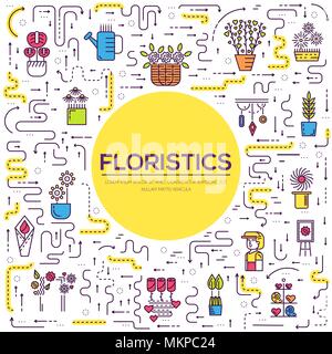 Fine ligne décorateur femme brochure permanent cards set. Travaillant dans de belles fleurs d'flyear modèle de magasin, magazines, affiches, bannières, couverture de livre. Boutique concept invitation floristique contour Illustration de Vecteur