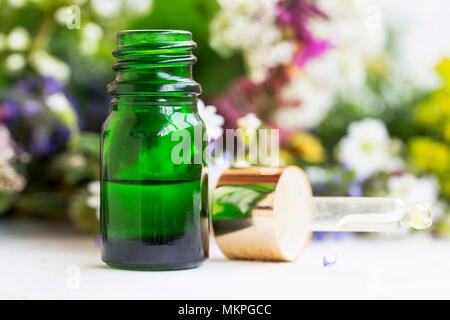 Huile essentielle flacon avec compte-gouttes en verre , Plantes médicinales , herbal, de botanique, de l'aromathérapie huile centrale Banque D'Images