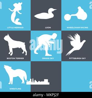 Ensemble de 9 icônes modifiable simple comme le loup hurlant, battant le faisan, wrestling, Pittsburgh sky, omaha boston terrier, la course en fauteuil roulant, loon, peu Illustration de Vecteur