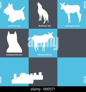 Ensemble de 9 icônes modifiable simple comme Sky Dayton, backflip, femme l'orignal, le pitbull face, charleston loup hurlant, buffalo scottie dog, peut être utilisé pour Illustration de Vecteur