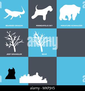 Ensemble de 9 icônes modifiable simple comme charleston ciel, mesquite tree, f16, l'ours, Jeep Wrangler, schnauzer nain, Minneapolis dragon barbu, peuvent b Illustration de Vecteur