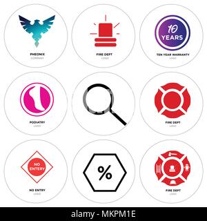 Ensemble de 9 icônes modifiable simple comme Fire Dept, pourcentage d'escompte, pas d'entrée, vous pouvez, la podologie, dix ans de garantie, Pheonix, peut être utilisé pour le mobile, w Illustration de Vecteur