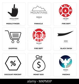 Ensemble de 9 icônes modifiable simple comme Pheonix, de l'argent fort, pourcentage d'escompte, noir, swish Fire Dept, Shopping, Pinnacle, majeur, peut être utilisé fo Illustration de Vecteur