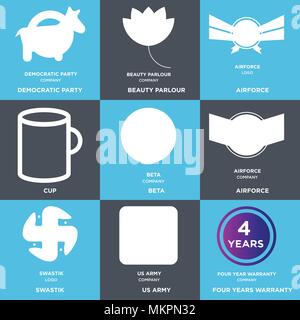 Ensemble de 9 icônes modifiable simple comme quatre ans de garantie, US Army, SVM Import & Export, Airforce, bêta, tasse, un salon de beauté, parti démocratique, peut être utilisé pour le m Illustration de Vecteur