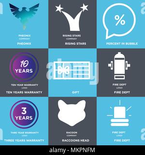 Ensemble de 9 icônes modifiable simple comme Fire Dept, les ratons laveurs, chef de la garantie trois ans, cadeau, dix pour cent dans la bulle, Rising stars, Pheonix, peuvent être utilisés Illustration de Vecteur