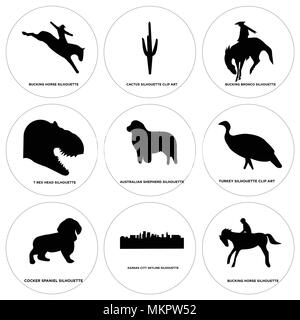 Ensemble de 9 icônes modifiable simple comme cheval, Kansas City sky, Cocker américain, la Turquie, l'Australian Shepherd, chef t rex, Bronco, cactus, peut être Illustration de Vecteur