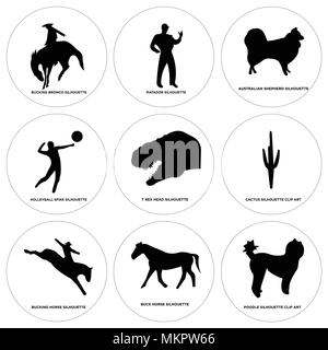 Ensemble de 9 icônes modifiable simple comme caniche, buck, cheval bucking cactus, t rex, volley-ball tête spike, berger australien, matador, Bronco, peut être Illustration de Vecteur