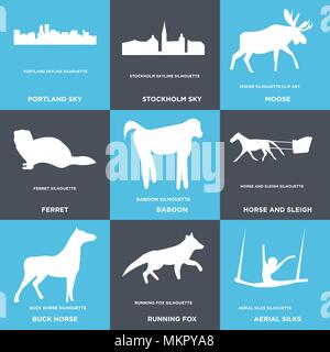 Ensemble de 9 icônes modifiable simple tels que les soies, exécutant fox, buck cheval, cheval et traîneau, babouin, d'Amérique, l'orignal, le ciel de Stockholm, Portland peut être Illustration de Vecteur