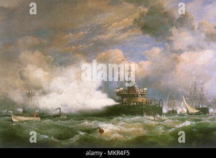 Le shah de Perse l'examen de la flotte avec HMS Devastation Banque D'Images