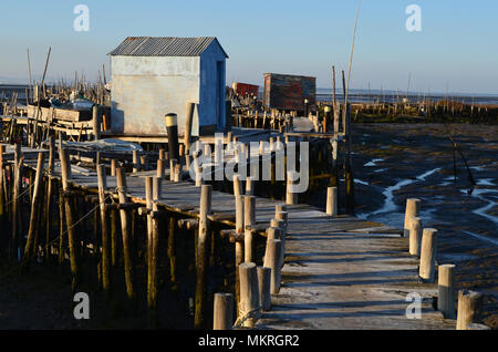 Marée basse à l'palaphitic port de pêche artisanale de Carrasqueira, estuaire de la rivière Sado, Portugal Banque D'Images