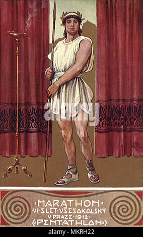 Le grec ancien homme avec une lance pour l'Affiche De Pentathlon Marathon Banque D'Images