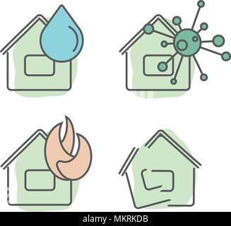 Accueil services assurances illustration jeu de différents types d'assurances dans le cas de différents types d'événements assurés. Icônes Télévision Illustration de Vecteur