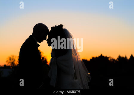 Silhouette de mariée et le Marié contre le coucher du soleil Banque D'Images