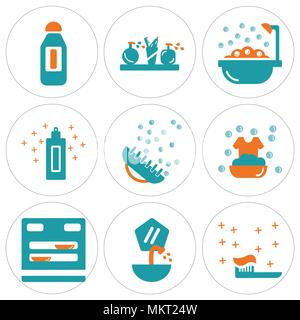 Ensemble de 9 icônes modifiable simple comme la brosse à dents, évier, lave-vaisselle, lave, brosse, crème, d'une baignoire, d'étagère, de l'eau de Javel, peut être utilisé pour le mobile, web Illustration de Vecteur